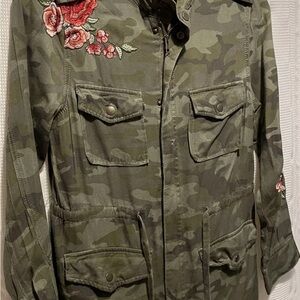 Knox Rose Green Camouflage Jacket with Red Floral Embroidery